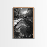 River Reflection, Nature Calm, Forest Stream, Canvas Print, Black and White Landscape Wall Art, Rustic Bathroom Decor, Tranquil Home Vibe