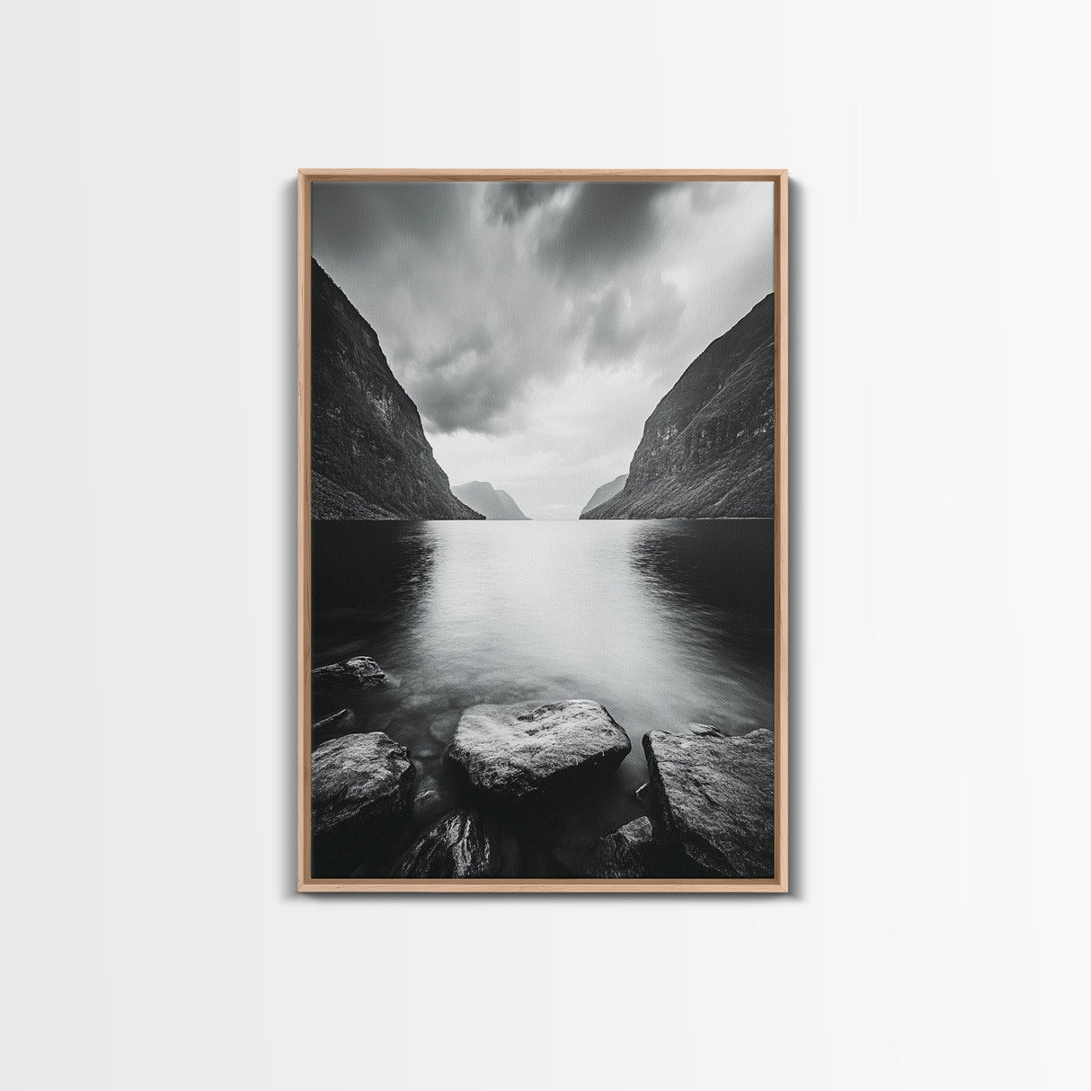 Mountain Lake, Nordic Fjord, Moody Water, Framed Canvas Print, Minimalist Wall Art, Serene Living Room Decor, Monochrome Nature Scene