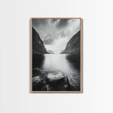 Mountain Lake, Nordic Fjord, Moody Water, Framed Canvas Print, Minimalist Wall Art, Serene Living Room Decor, Monochrome Nature Scene