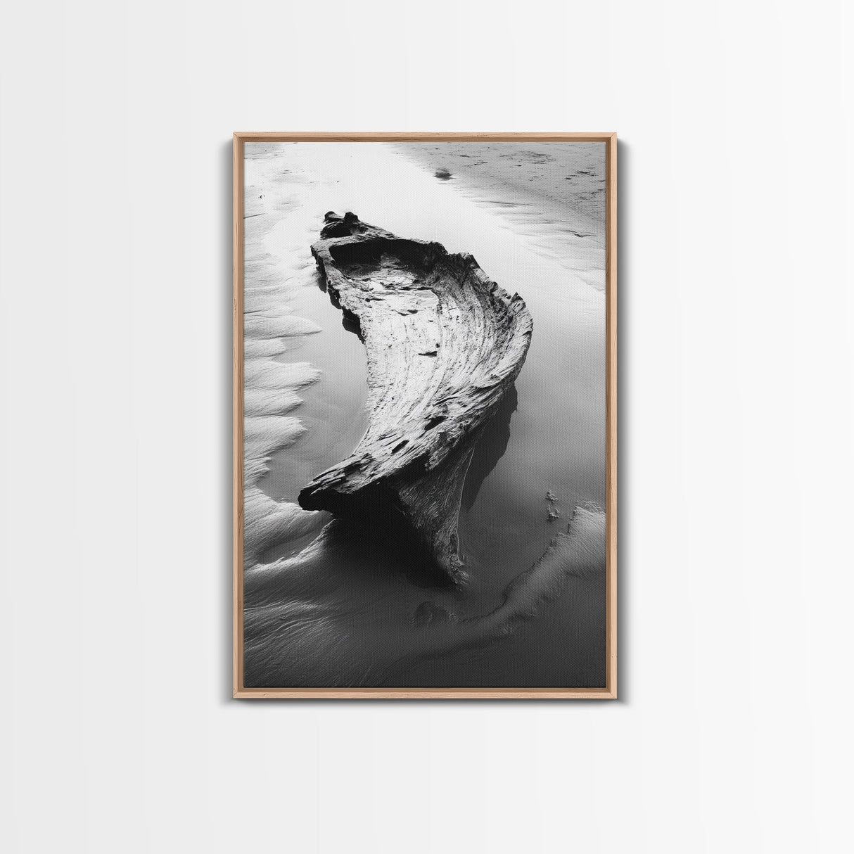 Driftwood Shore, Tidal Beauty, Washed Wood, Canvas Print, Coastal Beach Wall Art, Minimalist Bathroom Decor, Black and White Ocean Scene