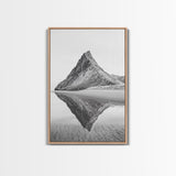 Mountain Mirror, Coastal Peak, Serene Beach, Canvas Print, Minimalist Landscape Art, Modern Living Room Wall Decor, Monochrome Nature Style
