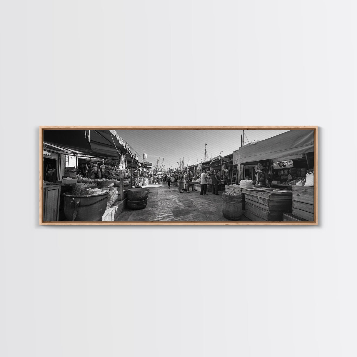 Mediterranean Market Scene, Travel Wall Decor, Rustic Street View, Framed Canvas Print, Kitchen Wall Art, Black and White Photography