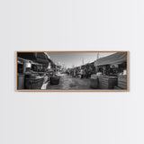 Mediterranean Market Scene, Travel Wall Decor, Rustic Street View, Framed Canvas Print, Kitchen Wall Art, Black and White Photography