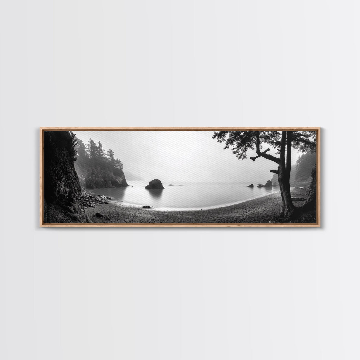 Misty Cove, Pacific Coast, Tranquil Shore, Canvas Print, Zen Nature Wall Art, Bathroom Decor, Moody Black and White Art