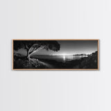 Coastal Night, Tree Silhouette, City Horizon, Framed Canvas Print, Moody Landscape Art, Modern Living Room Wall Decor