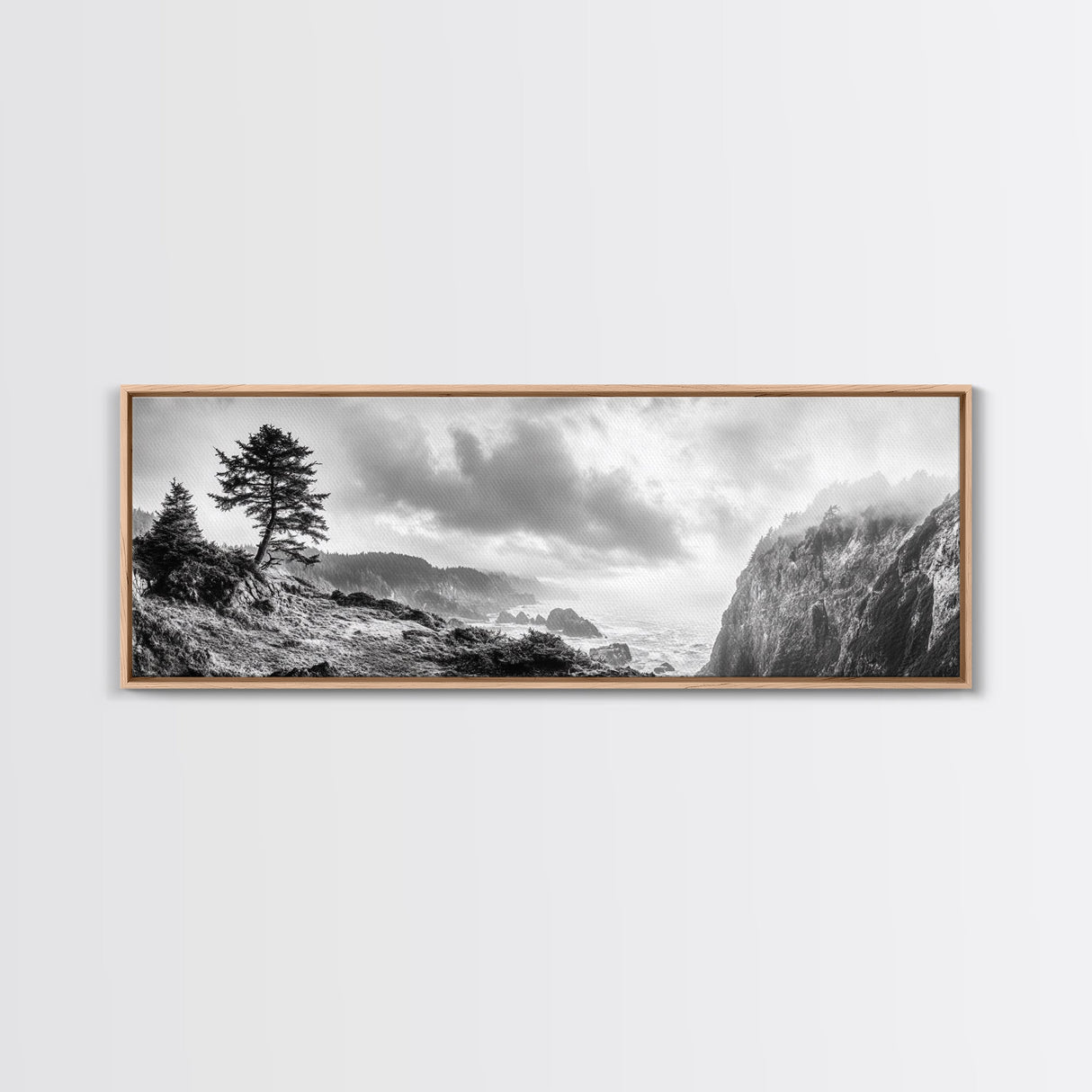 Ocean Cliff, Pine Trees, Foggy Coast, Canvas Print, Dramatic Nature Wall Art, Rustic Cabin Decor, Black and White Landscape