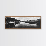 Boat Dock, Quiet Bay, Marina Reflections, Framed Canvas Print, Nautical Wall Art, Lakehouse Decor, Minimalist Coastal Vibes, Black White Art