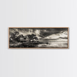 Lakeside Cabin, Stormy Sky, Rustic Escape, Framed Canvas Print, Cabin Wall Art, Lake House Decor, Autumn Living Room Art, Cozy Lodge Style