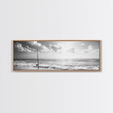 Beach Fishing, Ocean Waves, Rod and Reel, Framed Canvas Print, Coastal Living Wall Art, Minimalist Nautical Decor, Beach House Aesthetic