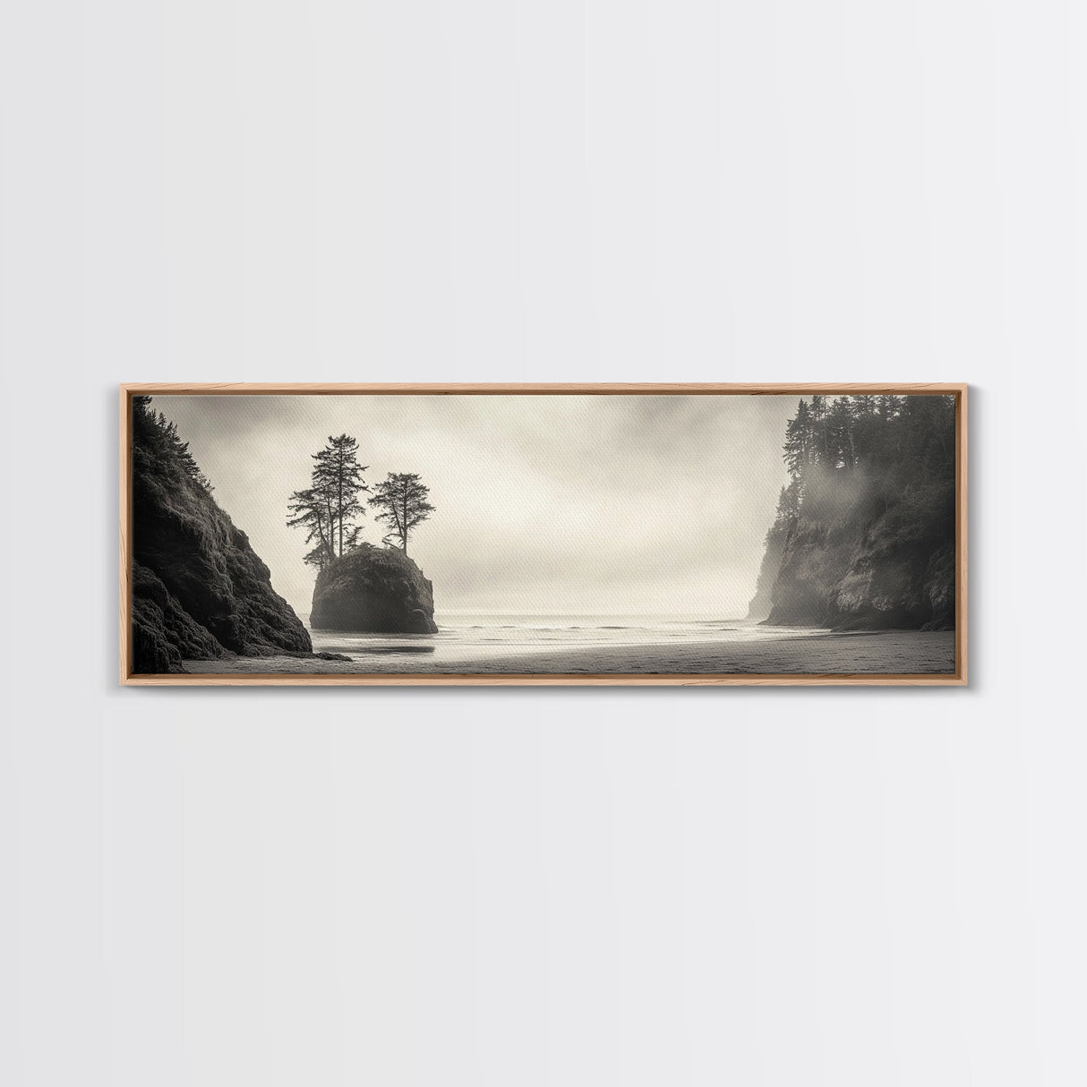 Foggy Beach, Coastal Pines, Ocean Cliffside, Nature Escape, Framed Canvas Print, Moody Wall Art, Living Room Decor, Pacific Northwest Style