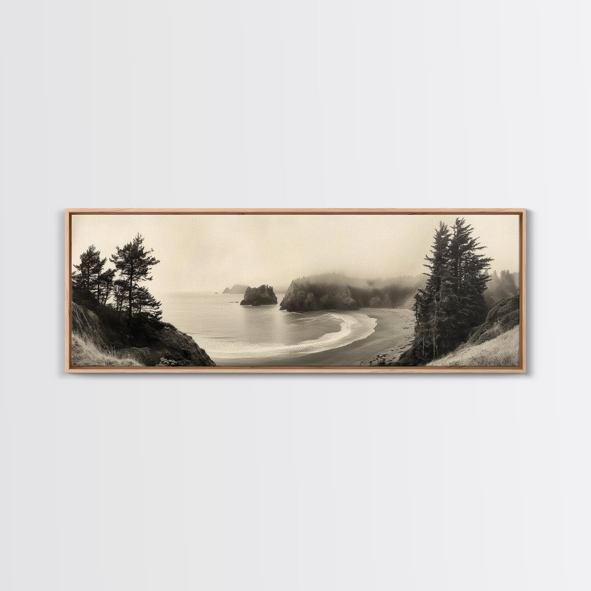 Misty Bay, Forested Coast, Moody Landscape, Serene Shoreline, Framed Canvas Print, Coastal Wall Art, Bedroom Decor, Earthy Tones