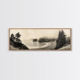 Misty Bay, Forested Coast, Moody Landscape, Serene Shoreline, Framed Canvas Print, Coastal Wall Art, Bedroom Decor, Earthy Tones