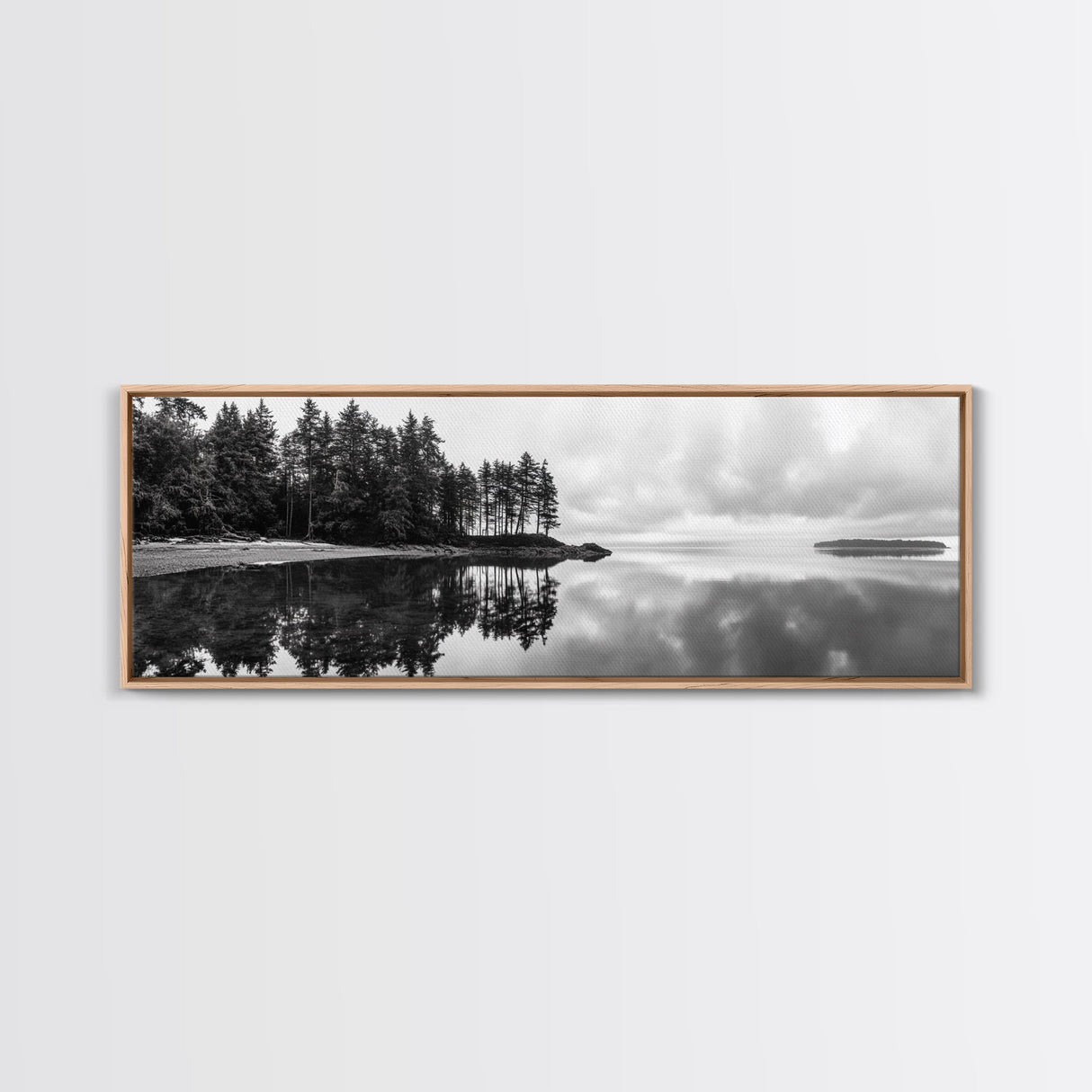 Reflected Pines, Quiet Lake, Forest Island, Calm Waters, Framed Canvas Print, Nature Photography, Minimal Wall Art, Office Decor