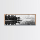 Reflected Pines, Quiet Lake, Forest Island, Calm Waters, Framed Canvas Print, Nature Photography, Minimal Wall Art, Office Decor