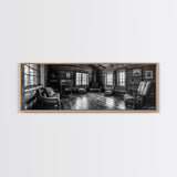 Rustic Cabin, Cozy Interior, Nature Retreat, Framed Canvas Print, Living Room Wall Art, Black and White Photography, Lodge Decor