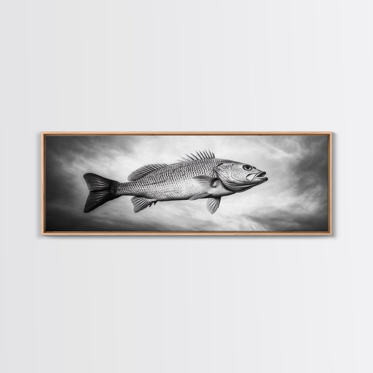 Floating Fish, Surreal Ocean, Realistic Scales, Sky Scene, Framed Canvas Print, Nautical Wall Art, Coastal Decor, Fishing Cabin Aesthetic