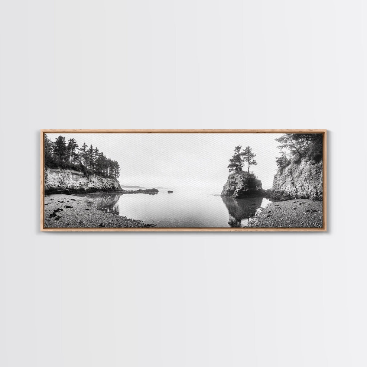 Forest Cove, Serene Shoreline, Calm Reflections, Canvas Print, peaceful nature wall art, neutral tones decor, minimalist bathroom artwork
