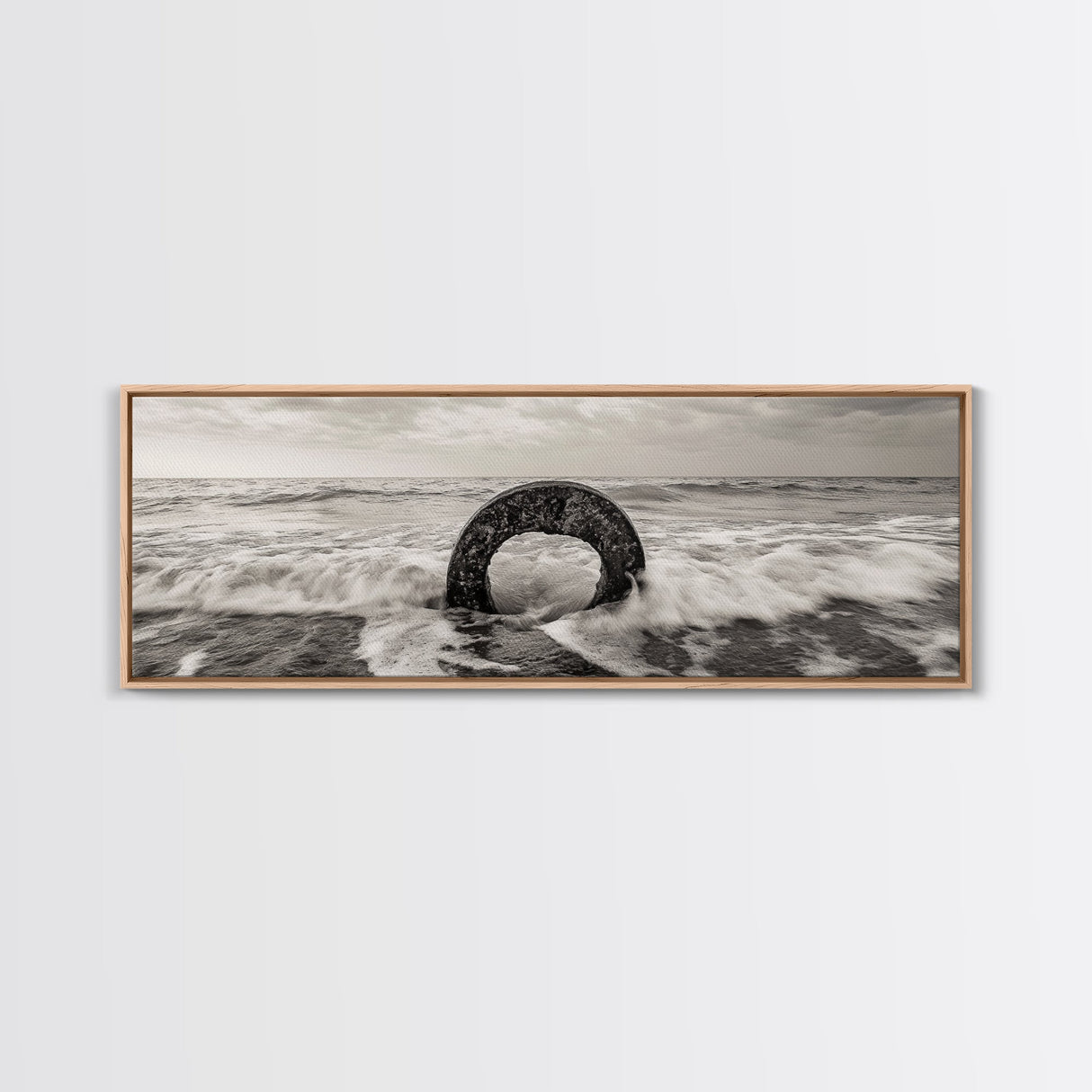 Ocean Ring, Waves Crashing, Sea Sculpture, Framed Canvas Print, unique beach photography, industrial coastal wall art, modern bathroom decor