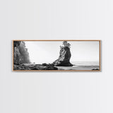 Sea Stack, Rugged Coast, Ocean Cliffside, Framed Canvas Print, Coastal landscape, Nature photography, Office wall art, Monochrome design