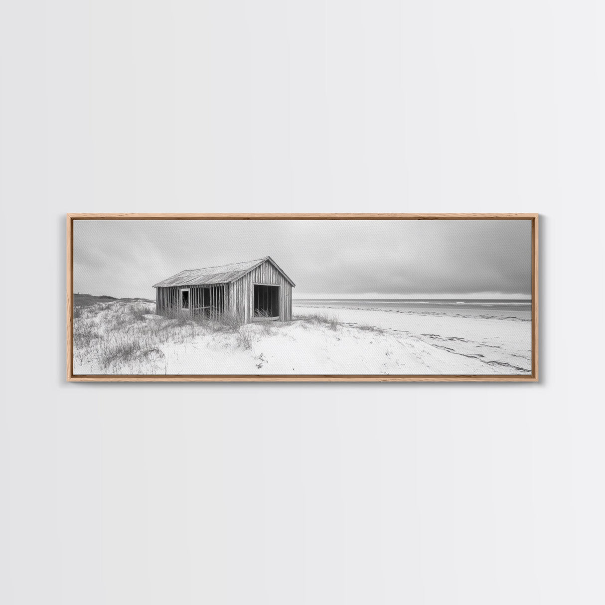 Abandoned Shack, Coastal Ruin, Weathered Barn, Ocean Horizon, Framed Canvas Print, Rustic Wall Art, Fall Decor, Minimal Seaside Aesthetic