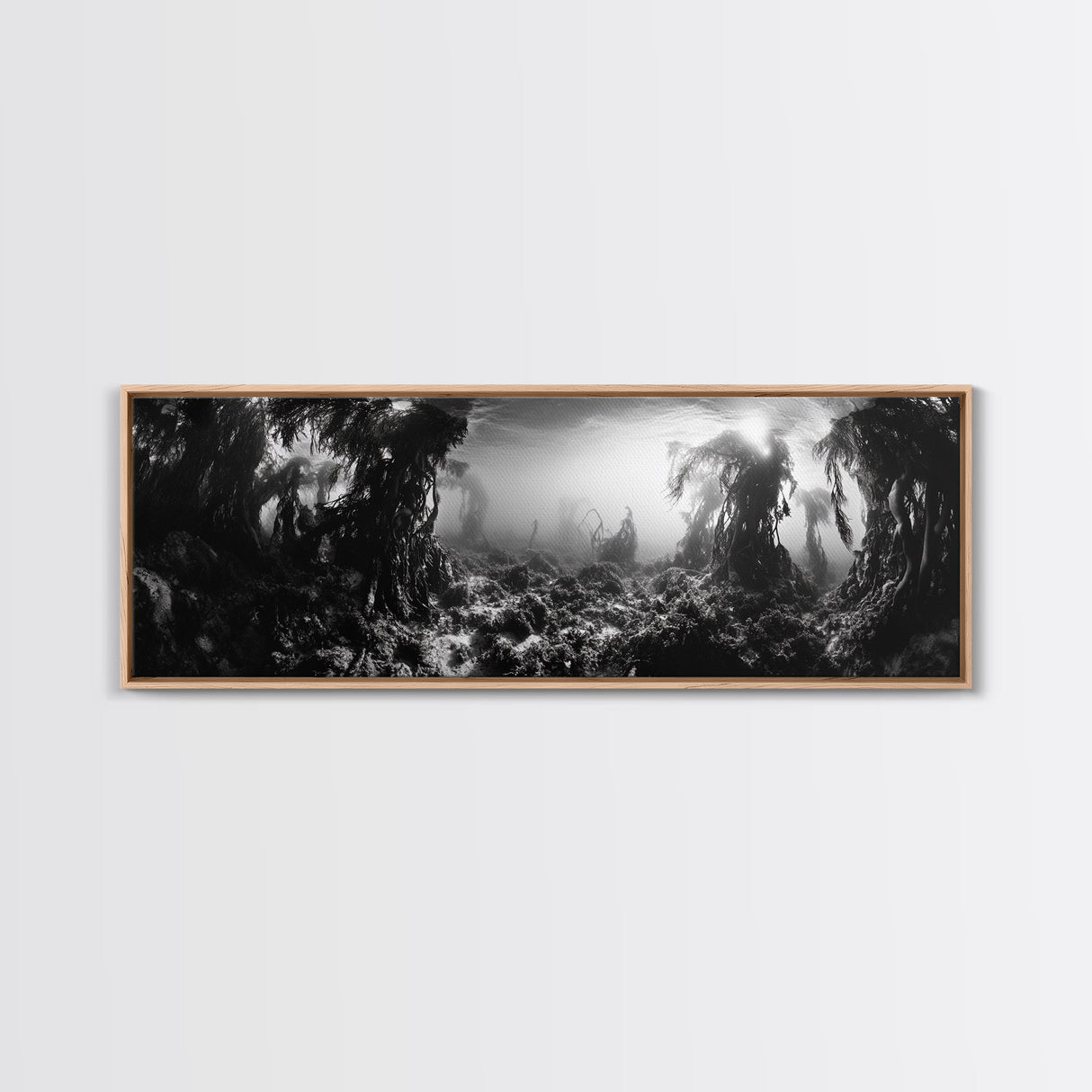 Kelp Forest, Underwater Magic, Ocean Depths, Framed Canvas Print, Marine nature photography, Bathroom wall decor, Moody coastal aesthetic
