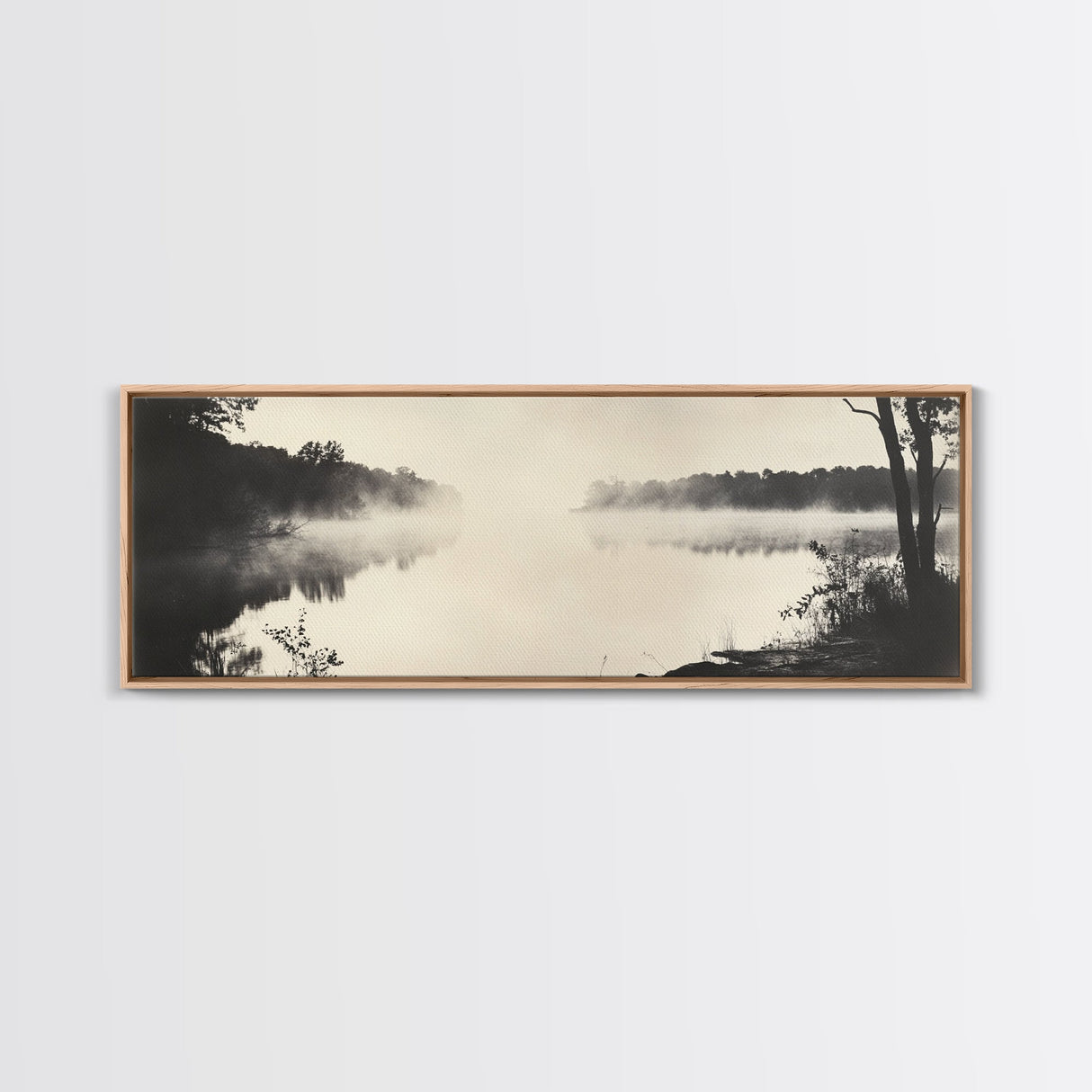 Misty River, Forest Reflection, Black and White Nature, Framed Canvas Print, Tranquil Decor, Bedroom Wall Art, Moody Minimalist Art