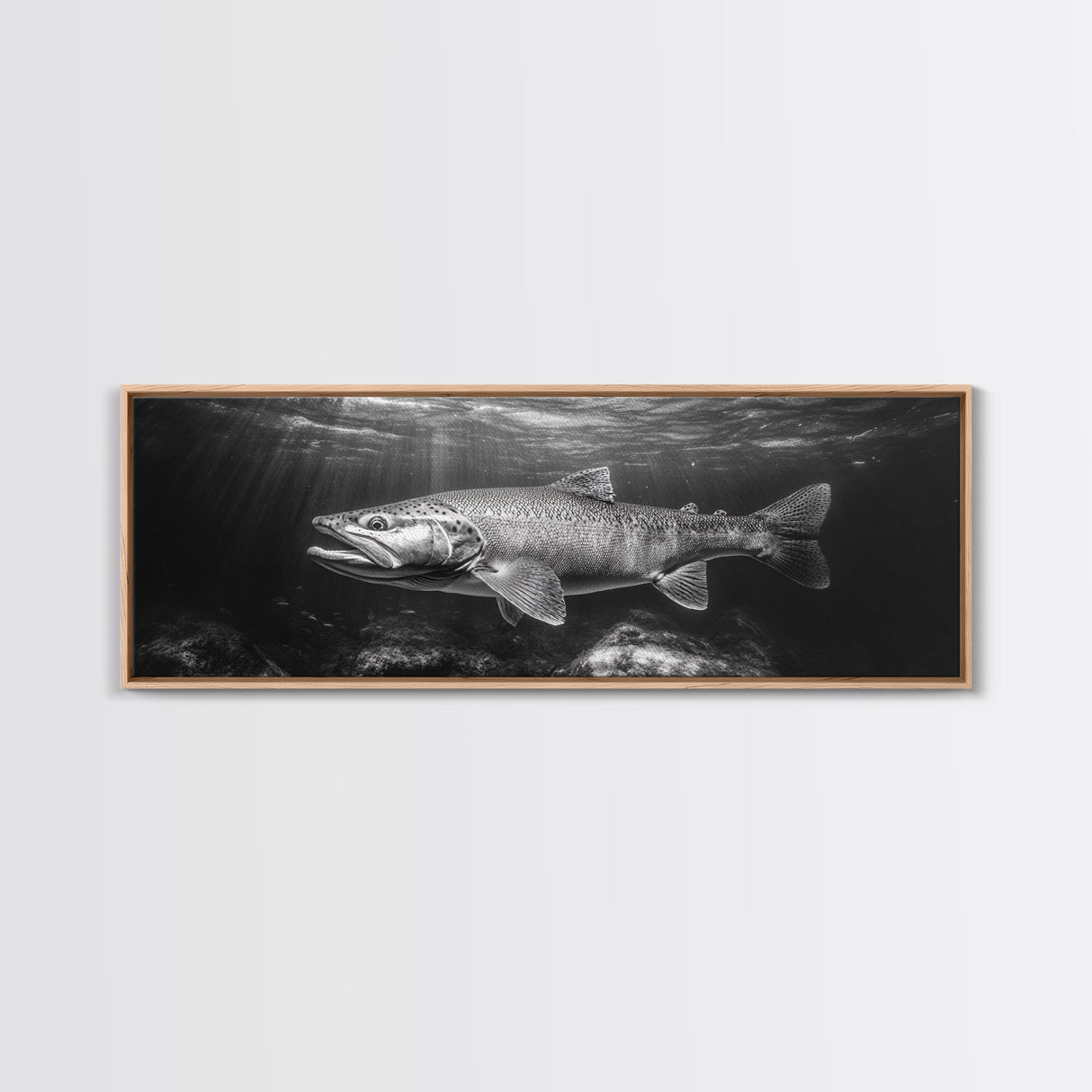 Underwater Fish, Lake Trout, Black and White Ocean, Framed Canvas Print, Coastal Bathroom Art, Fisherman Gift, Nautical Wall Decor