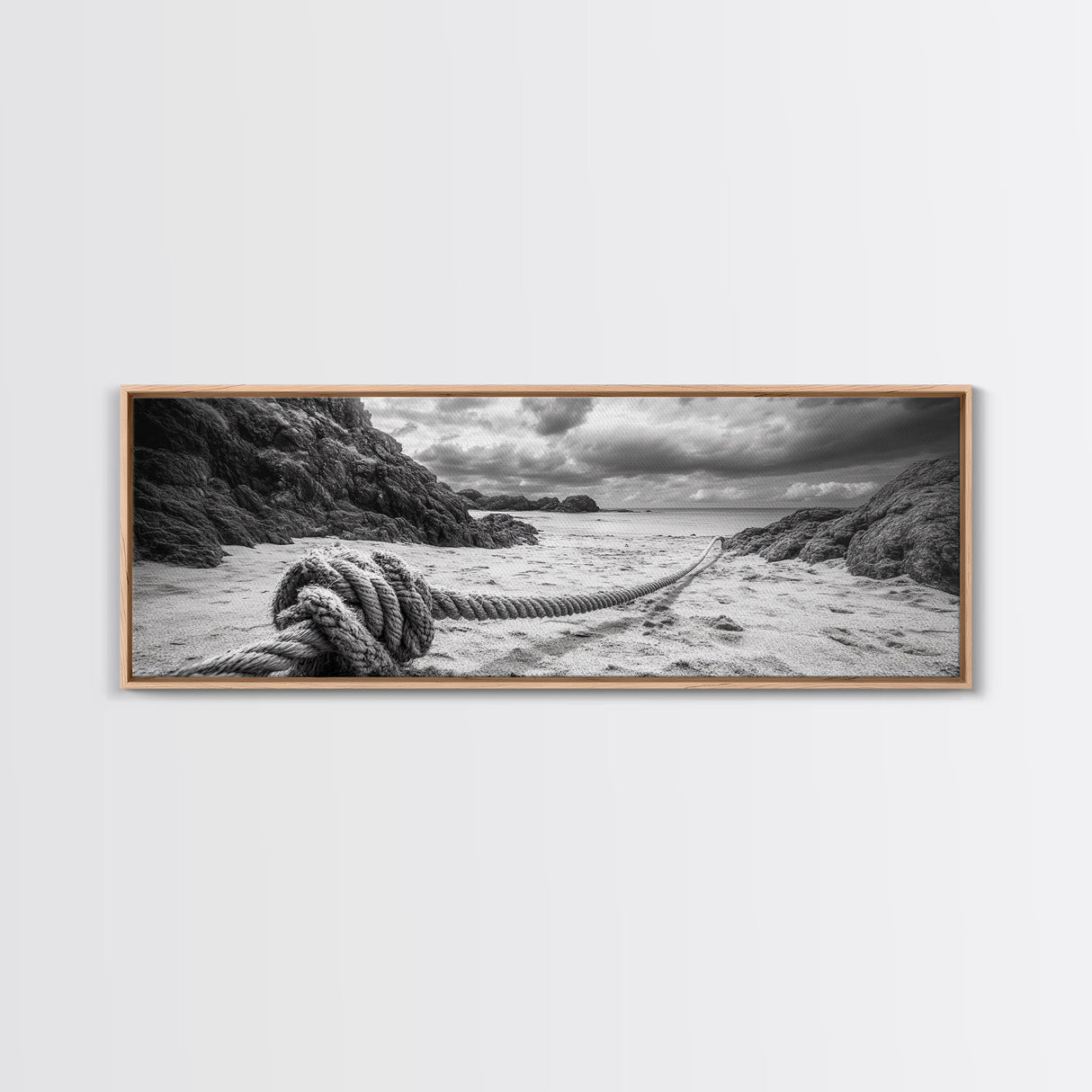 Nautical Rope Shore, Moody Ocean Rocks, Coastal Minimalist, Framed Canvas Print, Entryway Wall Art, Rustic Nautical Decor, Lakehouse Wall Art