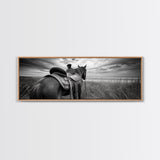 Western Horse Beach, Saddle Detail Horizon, Equestrian Art, Framed Canvas Print, Farmhouse Wall Art, Cowboy Country Decor