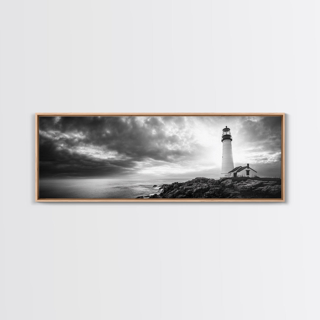Dramatic Lighthouse Coast, Ocean Storm Horizon, Coastal Adventure, Framed Canvas Print, Living Room Wall Art, Nautical Fall Decor