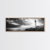 Dramatic Lighthouse Coast, Ocean Storm Horizon, Coastal Adventure, Framed Canvas Print, Living Room Wall Art, Nautical Fall Decor