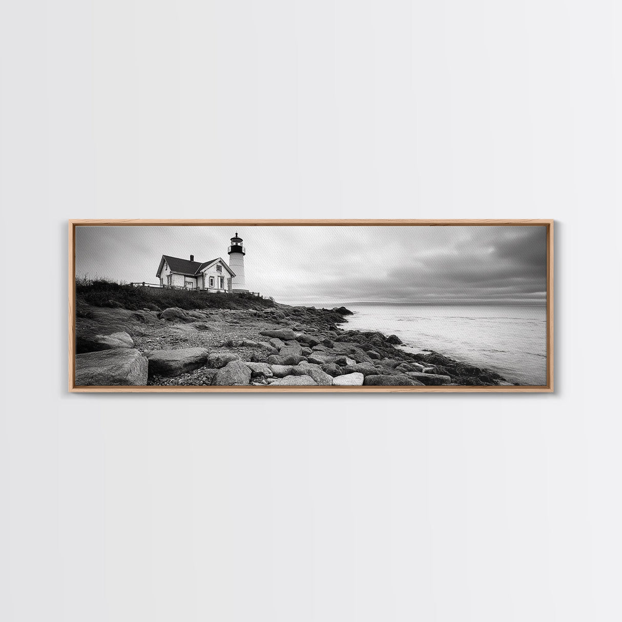 Classic Lighthouse Shore, Rocky Coastline Fog, Seaside Charm, Framed Canvas Print, Office Wall Art, New England Coastal Decor