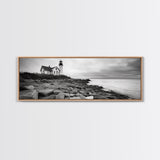 Classic Lighthouse Shore, Rocky Coastline Fog, Seaside Charm, Framed Canvas Print, Office Wall Art, New England Coastal Decor