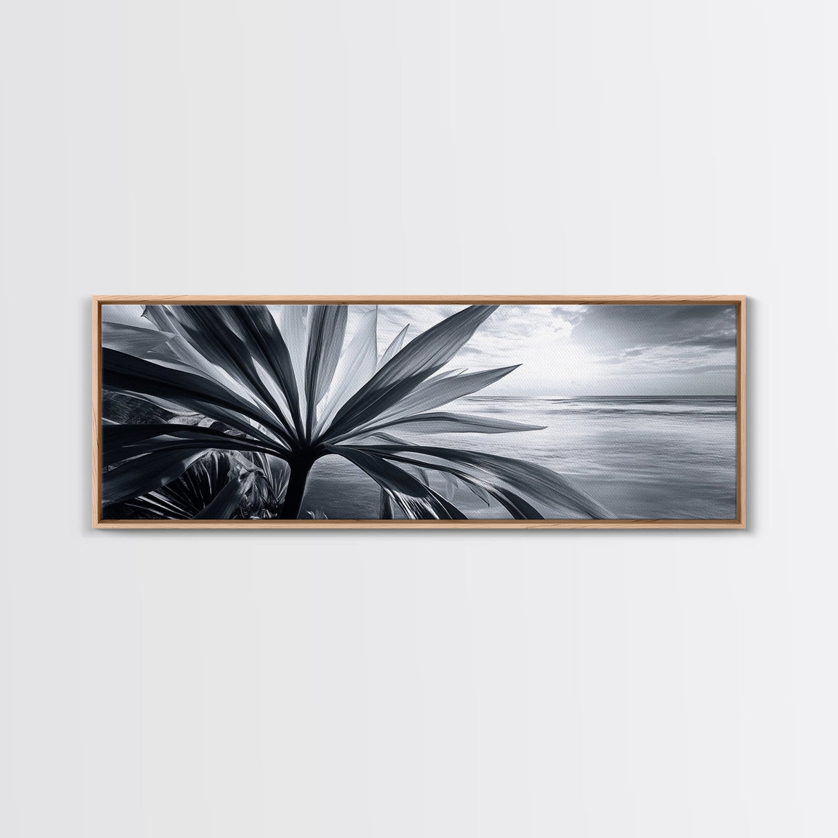 Tropical Leaf Closeup, Ocean Horizon Sunset, Botanical Beach, Framed Canvas Print, Kitchen Wall Art, Coastal Jungle Decor, Rustic Lakehouse Decor