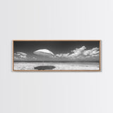 Beach Umbrella, Sunny Sky, Ocean Escape, Seaside Shade, Framed Canvas Print, Summer Wall Art, Bathroom Decor, Minimalist Coastal Style