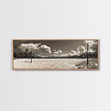 Beach Volleyball, Sand Court, Summer Fun, Tropical Clouds, Framed Canvas Print, Sports Room Wall Art, Coastal Decor, Sepia Beach Art