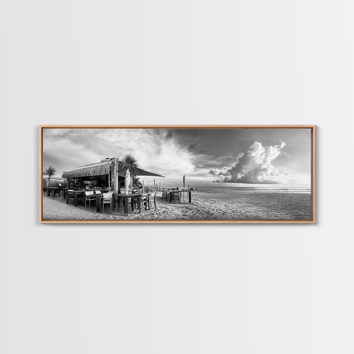 Seaside Bar, Beach Café, Oceanfront Dining, Cloudy Sky, Framed Canvas Print, Kitchen Wall Art, Black and White Tropical Art, Travel Decor