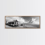 Seaside Bar, Beach Café, Oceanfront Dining, Cloudy Sky, Framed Canvas Print, Kitchen Wall Art, Black and White Tropical Art, Travel Decor