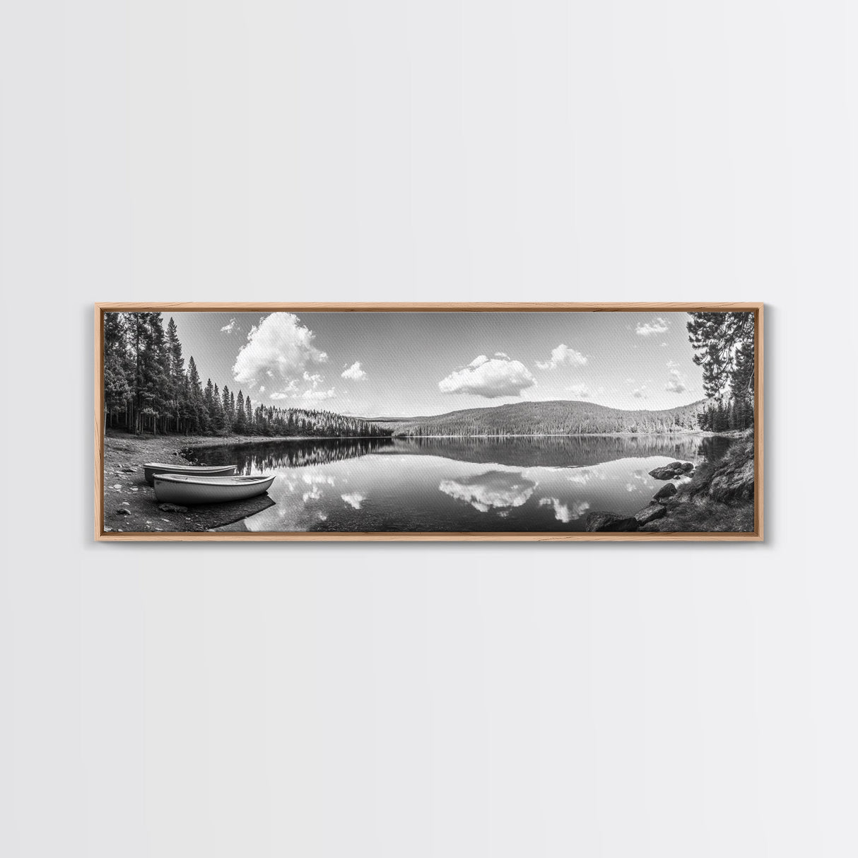 Canoe Lake, Still Water, Pine Forest, Outdoor Serenity, Canvas Print, Nature Wall Art, Rustic Cabin Decor, Peaceful Landscape, Neutral Tones