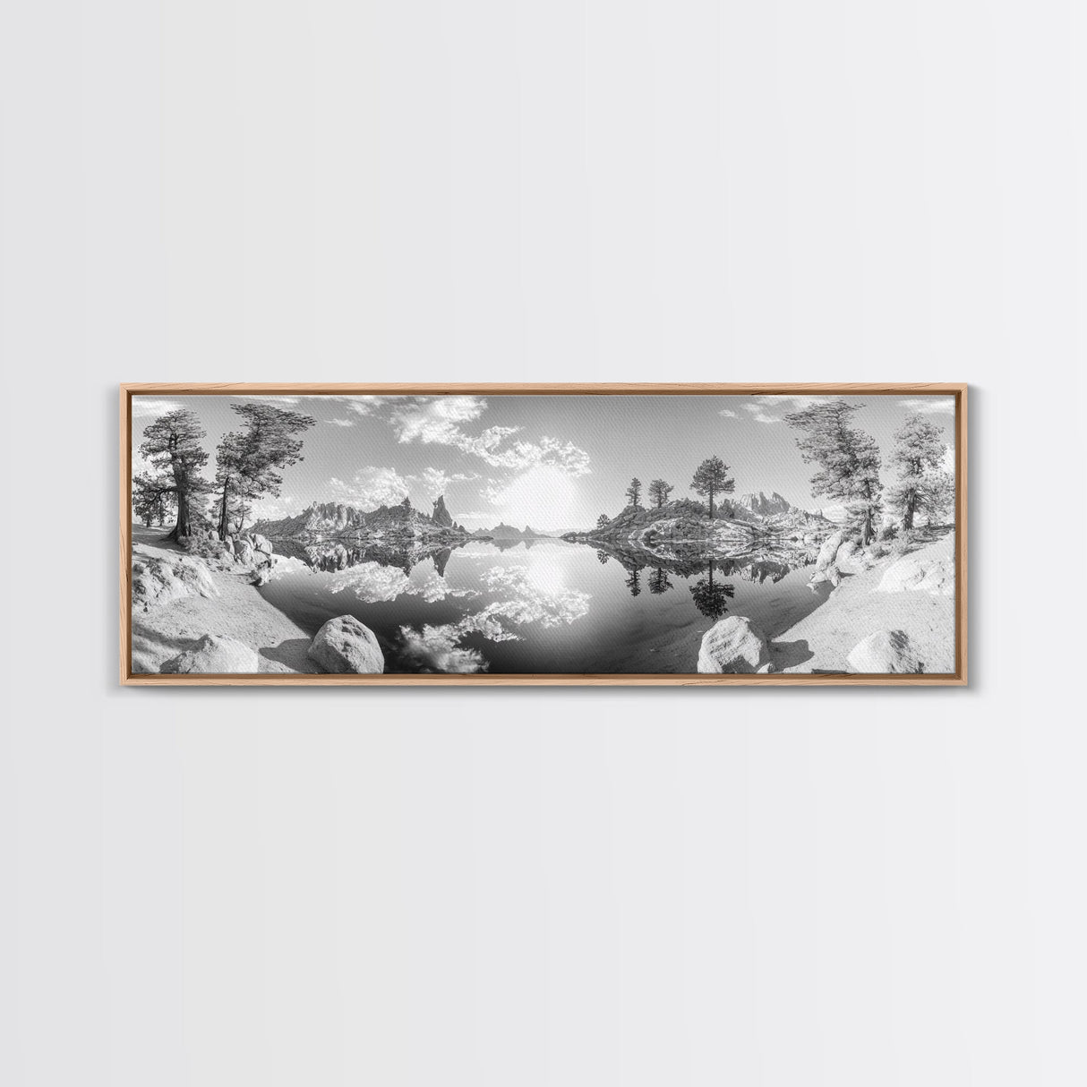 Mountain Reflections, Nature Panorama, Black and White Landscape, Framed Canvas Print, Living Room Wall Art, Modern Wilderness Decor