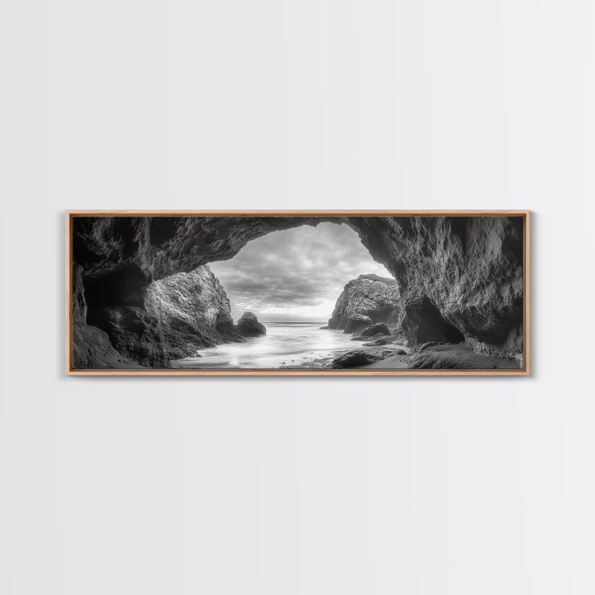 Sea Cave View, Coastal Rock Art, Monochrome Seascape, Framed Canvas Print, Bathroom Wall Art, Nature Photography, Moody Ocean Decor