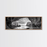 Sea Cave View, Coastal Rock Art, Monochrome Seascape, Framed Canvas Print, Bathroom Wall Art, Nature Photography, Moody Ocean Decor