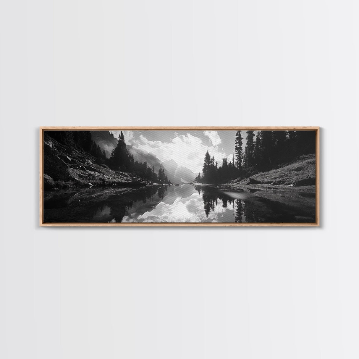 Alpine Lake Scene, Black and White Forest, Serene Mountain Print, Framed Canvas Print, Rustic Wall Art, Cabin Living Room Decor