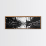 Alpine Lake Scene, Black and White Forest, Serene Mountain Print, Framed Canvas Print, Rustic Wall Art, Cabin Living Room Decor