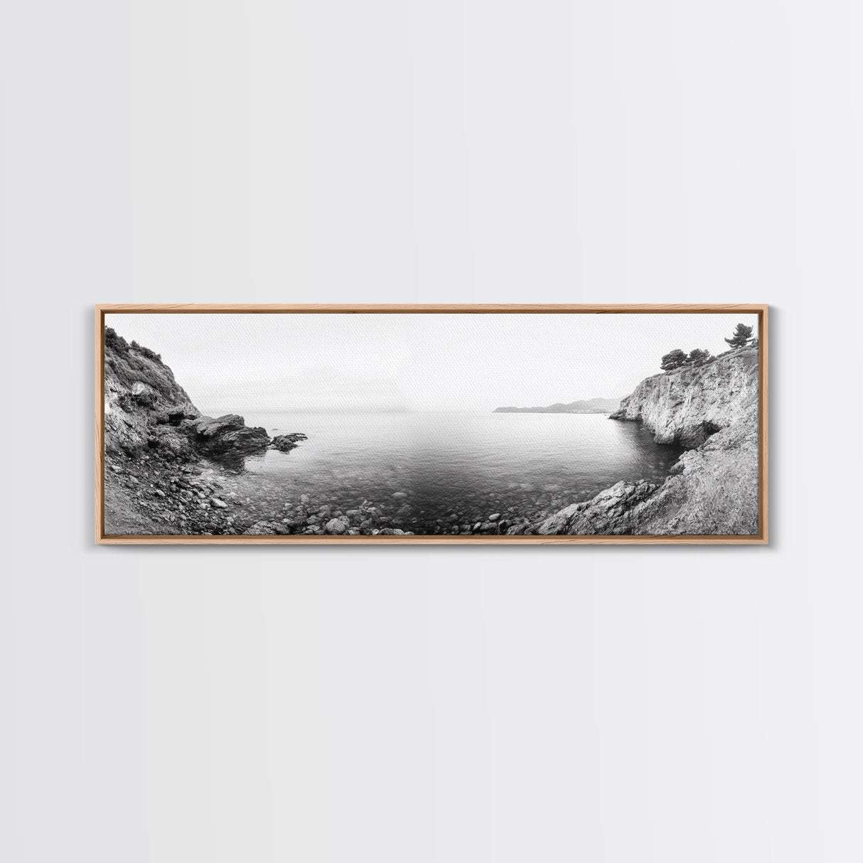 Rocky Coastline, Minimalist Seascape, Black and White Shoreline, Framed Canvas Print, Coastal Wall Art, Bathroom or Hallway Decor