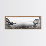Rocky Coastline, Minimalist Seascape, Black and White Shoreline, Framed Canvas Print, Coastal Wall Art, Bathroom or Hallway Decor