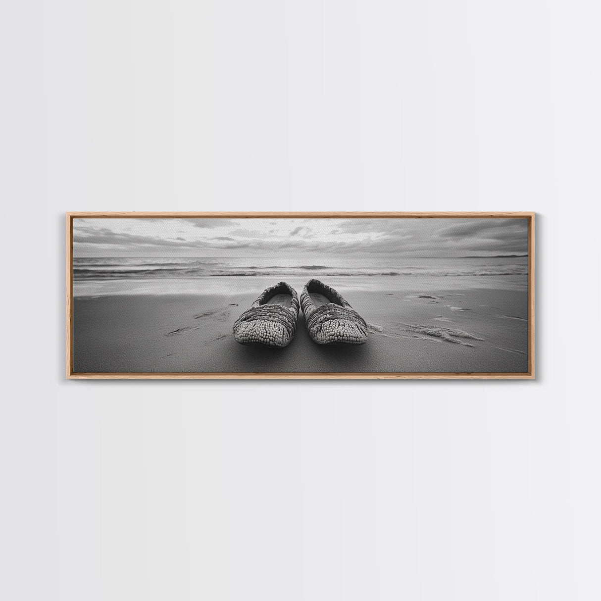 Woven Shoes, Coastal Walk, Ocean Breeze, Boho Style, Framed Canvas Print, Entryway Wall Art, Minimalist Beach Art, Seashore Photography