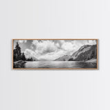 Mountain Lake, Forest Panorama, Serene Wilderness, Framed Canvas Print, Nature Lover Wall Art, Rustic Lodge Decor, Neutral Palette