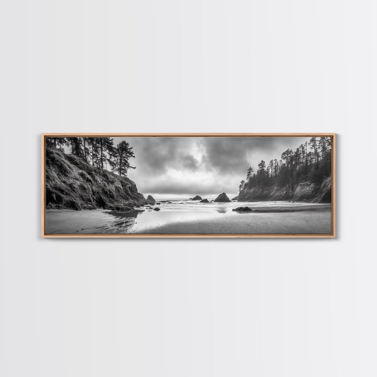Misty Coastline, Dramatic Shore, Moody Ocean Scene, Framed Canvas Print, Coastal Living Room Art, Black and White Nature Decor