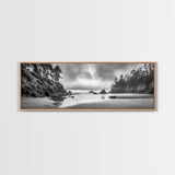 Misty Coastline, Dramatic Shore, Moody Ocean Scene, Framed Canvas Print, Coastal Living Room Art, Black and White Nature Decor